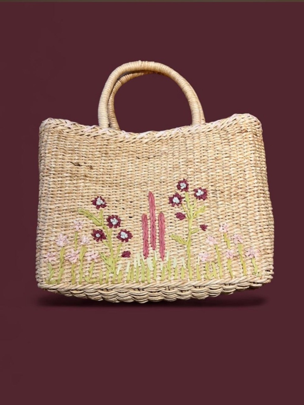 💖Charter Club Straw Tote Bag with Pink & Green Floral Embroidery • Boho